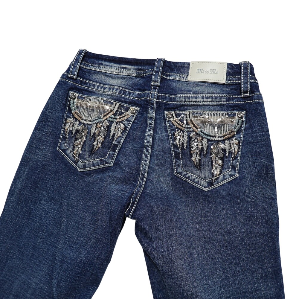 Miss Me Jeans Womens 27 Blue Med Wash Curvy Boot Distressed Embellished Pockets